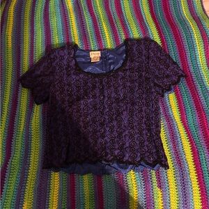 Purple Blue Lace Silk Beaded Sténay Top Vintage 80s Shoulder-Pads Formal Size M